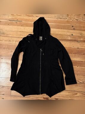 XCVI Womens Jacket Size Small Black Mercantile Full Zip Hoodie Handkerchief Hem